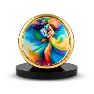 Car Desk/Table Top Radha Krishna Metal Golden Photo Stand  2x2 Inches, Compact & Stylish Spiritual Display For Car, Home & Office (Pack Of 1) (F18788)