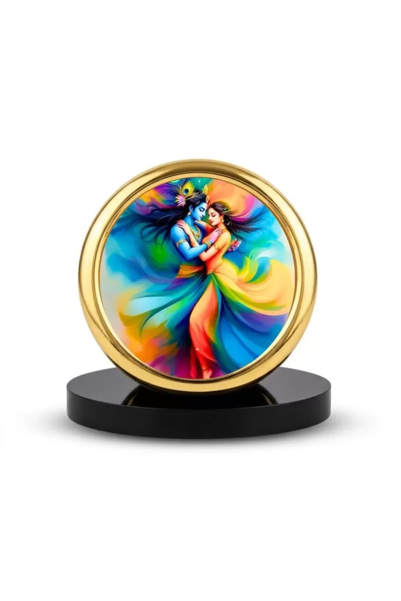 Car Desk/Table Top Radha Krishna Metal Golden Photo Stand  2x2 Inches, Compact & Stylish Spiritual Display For Car, Home & Office (Pack Of 1) (F18788)