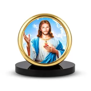 Car Desk/Table Top Lord Jesus Metal Golden Photo Stand  2x2 Inches, Compact & Stylish Spiritual Display For Car, Home & Office (Pack Of 1) (F18789)