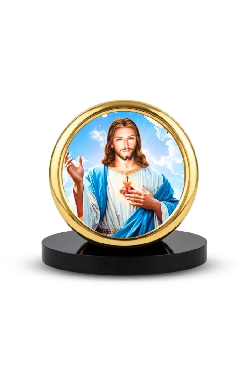 Car Desk/Table Top Lord Jesus Metal Golden Photo Stand  2x2 Inches, Compact & Stylish Spiritual Display For Car, Home & Office (Pack Of 1) (F18789)