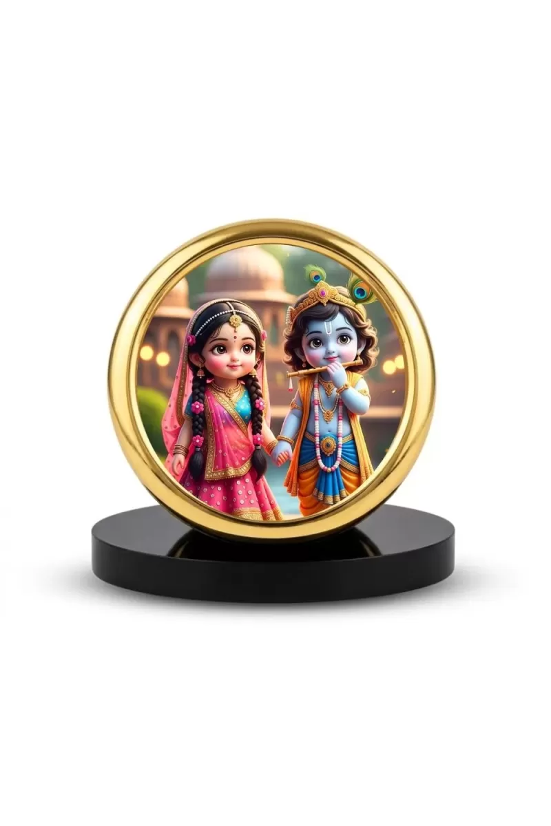 Car Desk/Table Top Little Radha Krishna Metal Golden Photo Stand  2x2 Inches, Compact & Stylish Spiritual Display For Car, Home & Office (Pack Of 1) (F18790)
