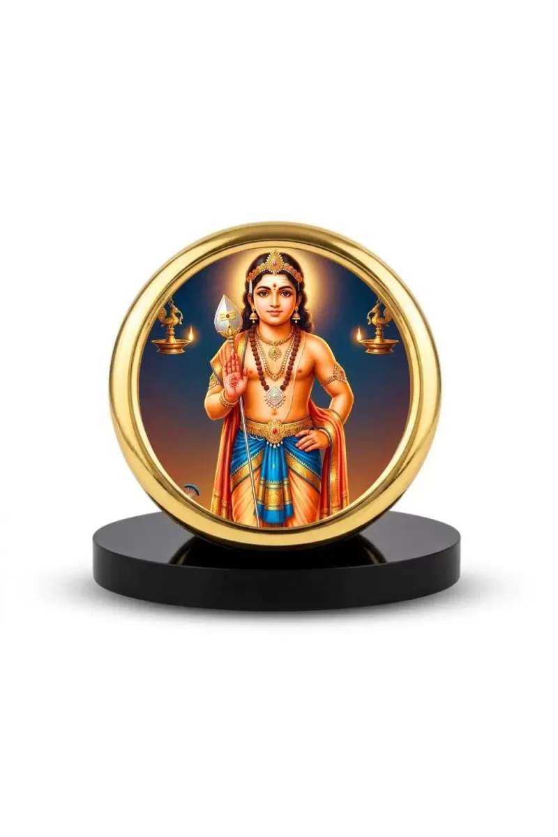 Car Desk/Table Top Lord Karthikeya Metal Golden Photo Stand  2x2 Inches, Compact & Stylish Spiritual Display For Car, Home & Office (Pack Of 1) (F18793)