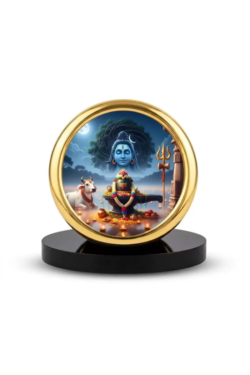 Car Desk/Table Top Lord Shiva Lingam Metal Golden Photo Stand  2x2 Inches, Compact & Stylish Spiritual Display For Car, Home & Office (Pack Of 1) (F18799)
