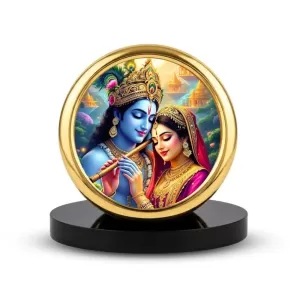 Car Desk/Table Top Radha Krishna Metal Golden Photo Stand  2x2 Inches, Compact & Stylish Spiritual Display For Car, Home & Office (Pack Of 1) (F18806)