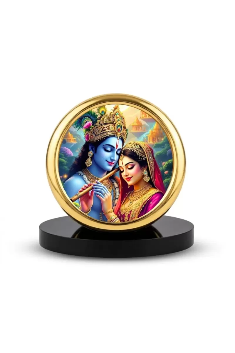 Car Desk/Table Top Radha Krishna Metal Golden Photo Stand  2x2 Inches, Compact & Stylish Spiritual Display For Car, Home & Office (Pack Of 1) (F18806)
