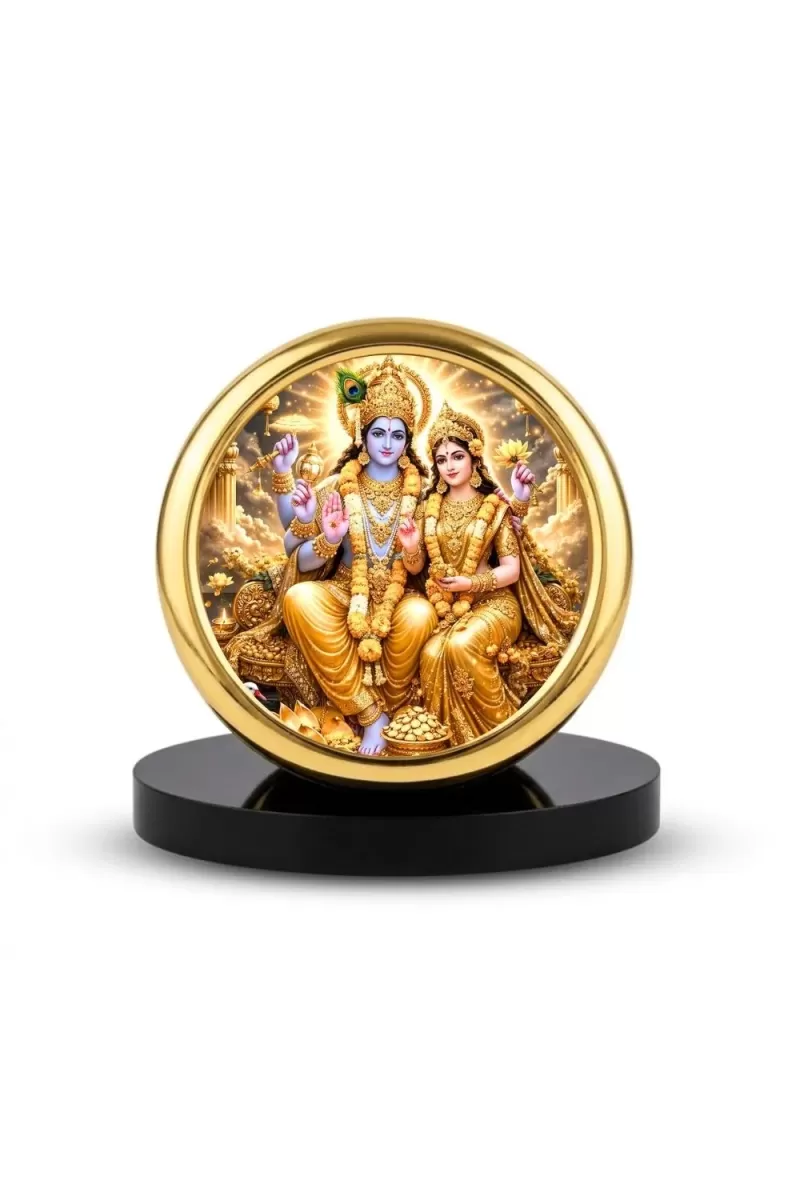 Car Desk/Table Top Radha Krishna Metal Golden Photo Stand  2x2 Inches, Compact & Stylish Spiritual Display For Car, Home & Office (Pack Of 1) (F18807)