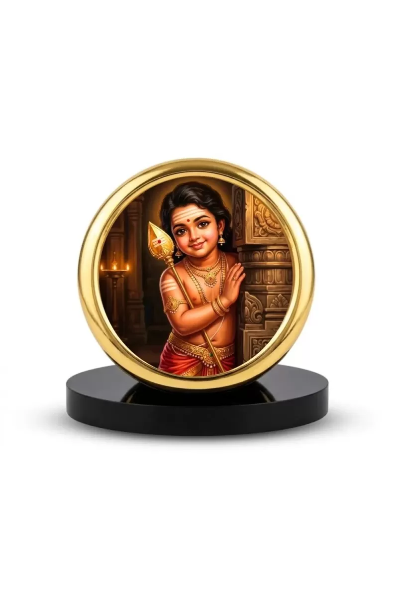 Car Desk/Table Top Lord Murugan Metal Golden Photo Stand  2x2 Inches, Compact & Stylish Spiritual Display For Car, Home & Office (Pack Of 1) (F18808)