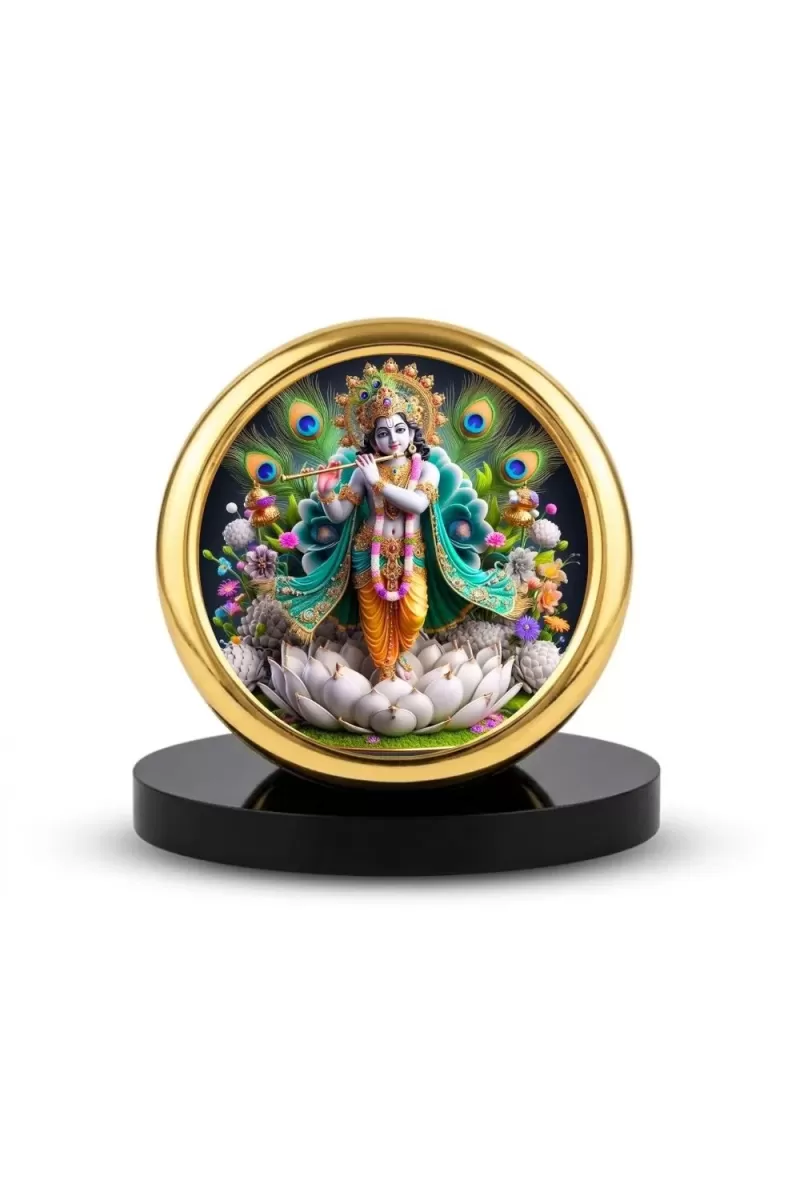 Car Desk/Table Top Lord Krishna Metal Golden Photo Stand  2x2 Inches, Compact & Stylish Spiritual Display For Car, Home & Office (Pack Of 1) (F18809)