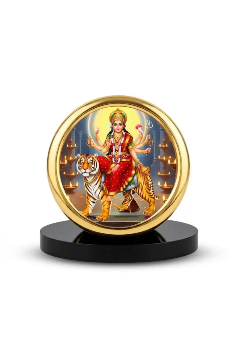 Car Desk/Table Top Durga Matha Metal Golden Photo Stand  2x2 Inches, Compact & Stylish Spiritual Display For Car, Home & Office (Pack Of 1) (F18812)