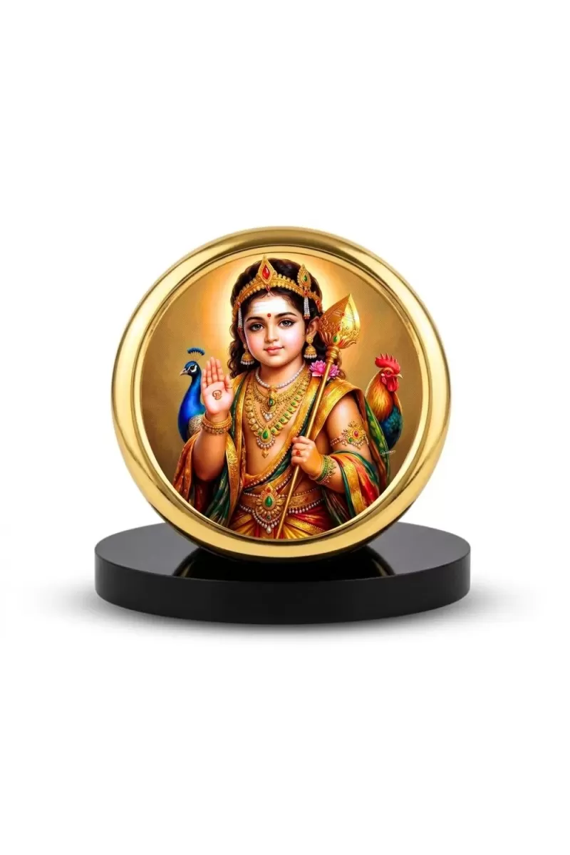 Car Desk/Table Top Lord Murugan Metal Golden Photo Stand  2x2 Inches, Compact & Stylish Spiritual Display For Car, Home & Office (Pack Of 1) (F18817)