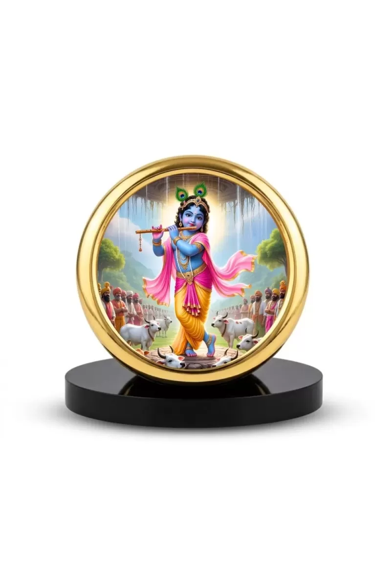Car Desk/Table Top Lord Krishna Metal Golden Photo Stand  2x2 Inches, Compact & Stylish Spiritual Display For Car, Home & Office (Pack Of 1) (F18819)