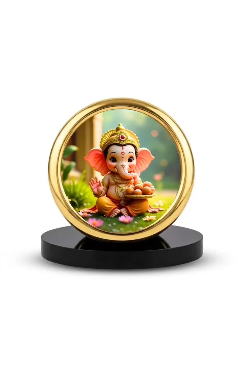 Car Desk/Table Top Lord Ganesha Metal Golden Photo Stand  2x2 Inches, Compact & Stylish Spiritual Display For Car, Home & Office (Pack Of 1) (F18827)