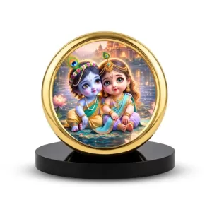 Car Desk/Table Top Little Radha Krishna Metal Golden Photo Stand  2x2 Inches, Compact & Stylish Spiritual Display For Car, Home & Office (Pack Of 1) (F18832)