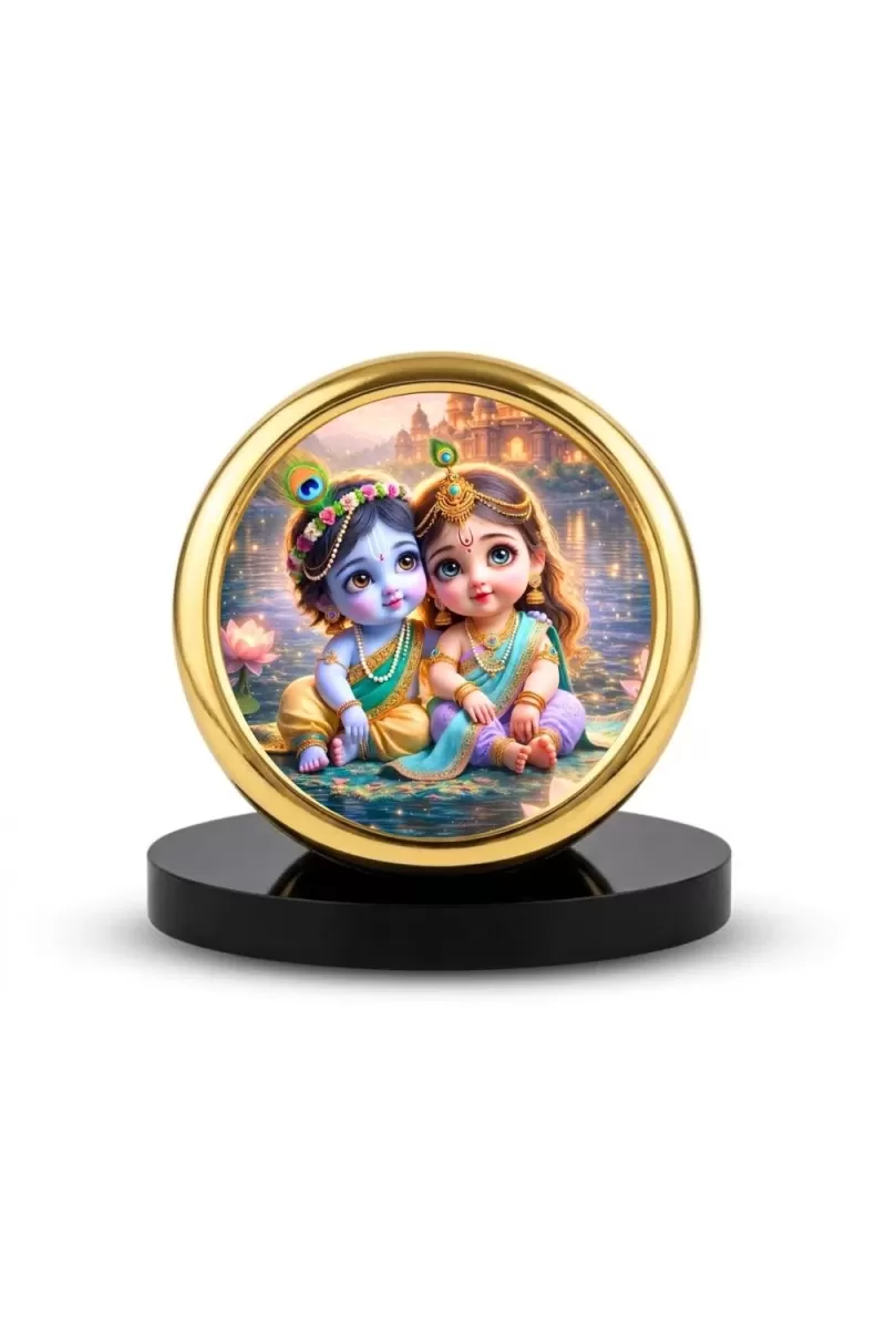 Car Desk/Table Top Little Radha Krishna Metal Golden Photo Stand  2x2 Inches, Compact & Stylish Spiritual Display For Car, Home & Office (Pack Of 1) (F18832)