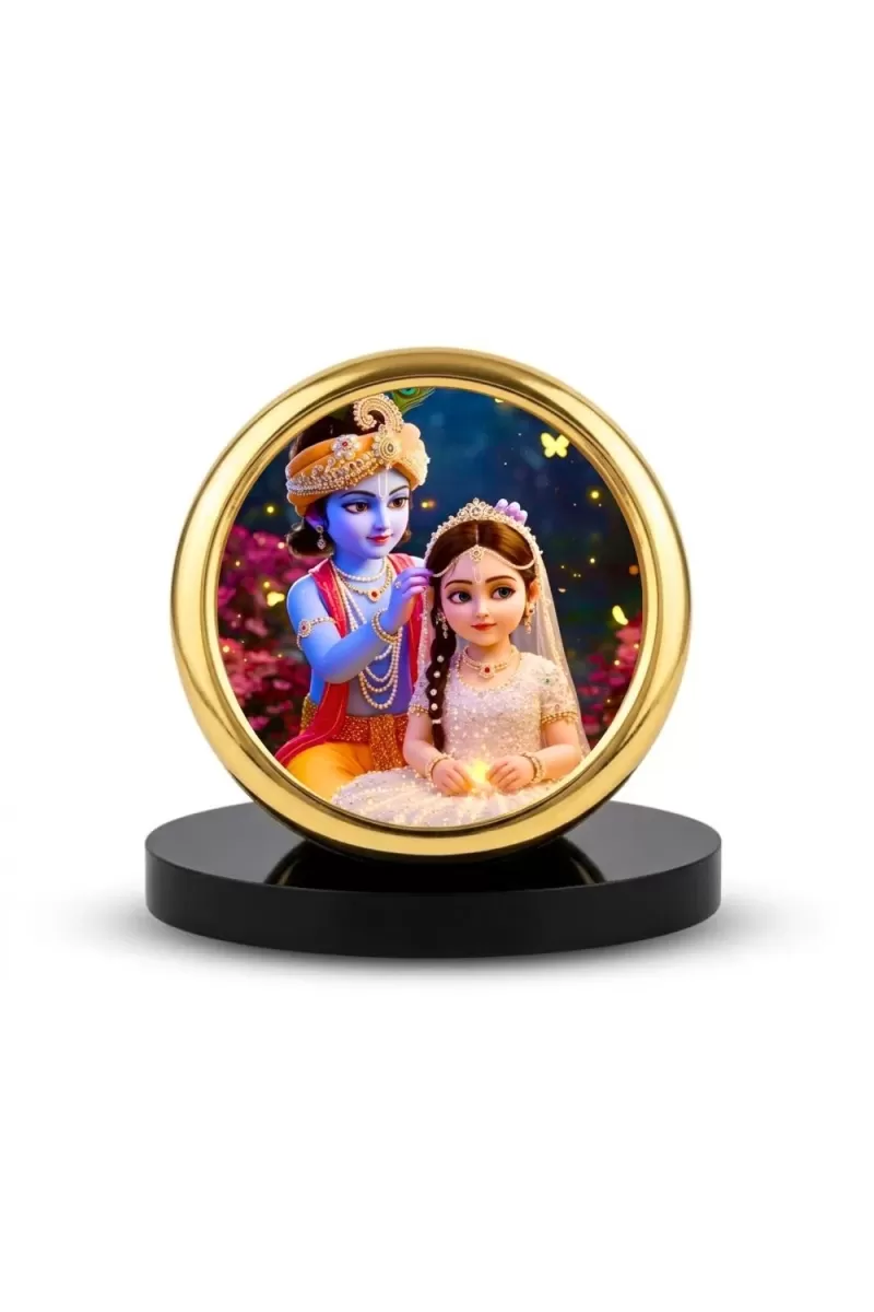 Car Desk/Table Top Little Radha Krishna Metal Golden Photo Stand  2x2 Inches, Compact & Stylish Spiritual Display For Car, Home & Office (Pack Of 1) (F18833)