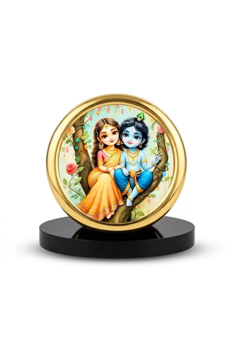 Car Desk/Table Top Little Radha Krishna Metal Golden Photo Stand  2x2 Inches, Compact & Stylish Spiritual Display For Car, Home & Office (Pack Of 1) (F18834)