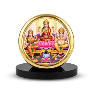 Car Desk/Table Top Ganesh Lakshmi Saraswathi Metal Golden Photo Stand  2x2 Inches, Compact & Stylish Spiritual Display For Car, Home & Office (Pack Of 1) (F18835)