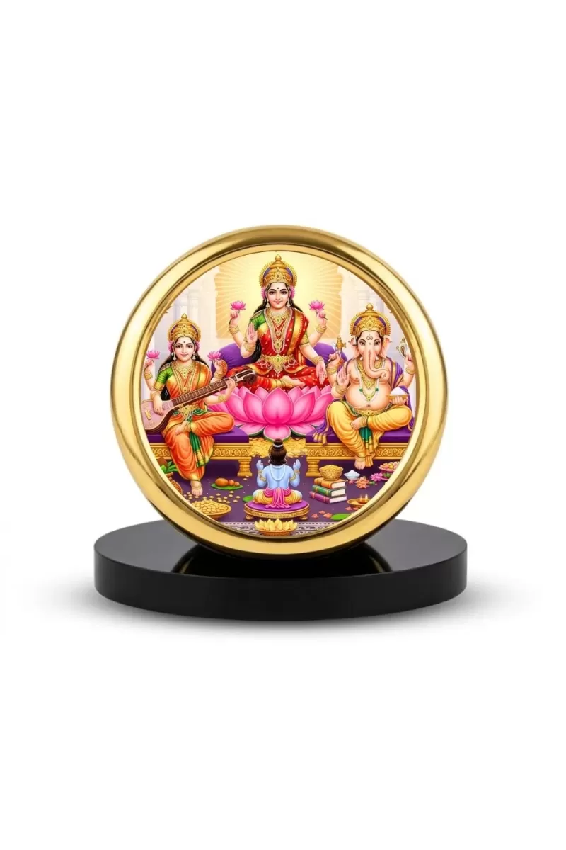 Car Desk/Table Top Ganesh Lakshmi Saraswathi Metal Golden Photo Stand  2x2 Inches, Compact & Stylish Spiritual Display For Car, Home & Office (Pack Of 1) (F18835)