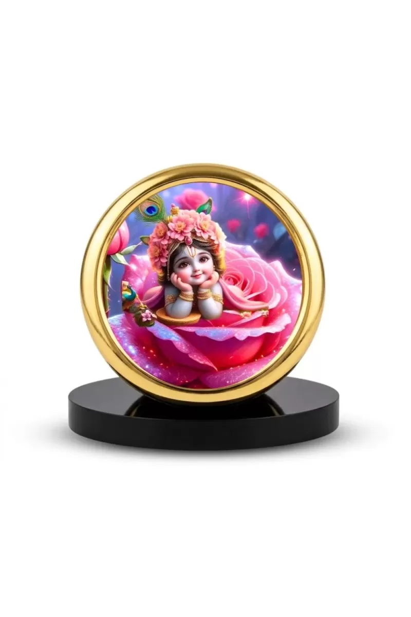 Car Desk/Table Top Little Krishna Metal Golden Photo Stand  2x2 Inches, Compact & Stylish Spiritual Display For Car, Home & Office (Pack Of 1) (F18836)