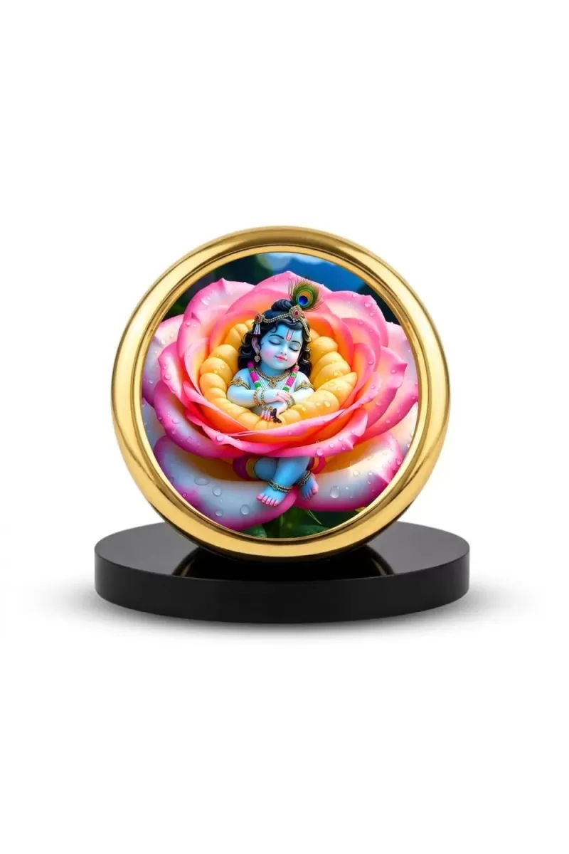Car Desk/Table Top Little Krishna Metal Golden Photo Stand  2x2 Inches, Compact & Stylish Spiritual Display For Car, Home & Office (Pack Of 1) (F18837)