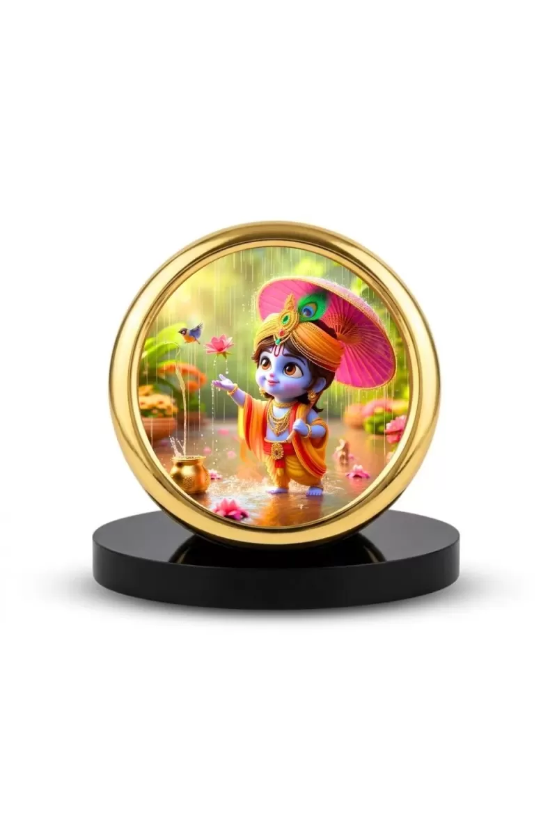 Car Desk/Table Top Little Krishna Metal Golden Photo Stand  2x2 Inches, Compact & Stylish Spiritual Display For Car, Home & Office (Pack Of 1) (F18839)