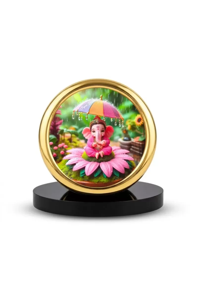 Car Desk/Table Top Little Ganesha Metal Golden Photo Stand  2x2 Inches, Compact & Stylish Spiritual Display For Car, Home & Office (Pack Of 1) (F18840)
