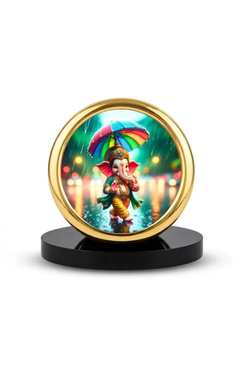Car Desk/Table Top Little Ganesha Metal Golden Photo Stand  2x2 Inches, Compact & Stylish Spiritual Display For Car, Home & Office (Pack Of 1) (F18841)