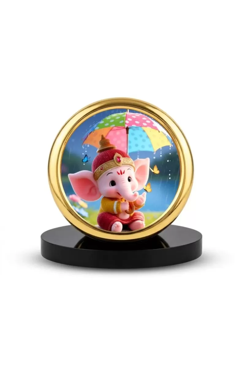 Car Desk/Table Top Little Ganesha Metal Golden Photo Stand  2x2 Inches, Compact & Stylish Spiritual Display For Car, Home & Office (Pack Of 1) (F18857)
