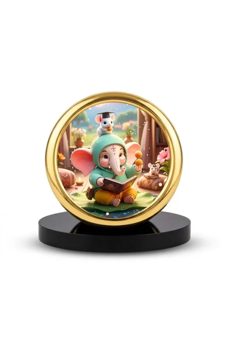 Car Desk/Table Top Little Ganesha Metal Golden Photo Stand  2x2 Inches, Compact & Stylish Spiritual Display For Car, Home & Office (Pack Of 1) (F18859)