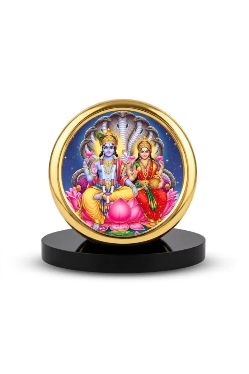 Car Desk/Table Top Lord Vishnu And Lakshmi Metal Golden Photo Stand  2x2 Inches, Compact & Stylish Spiritual Display For Car, Home & Office (Pack Of 1) (F18864)
