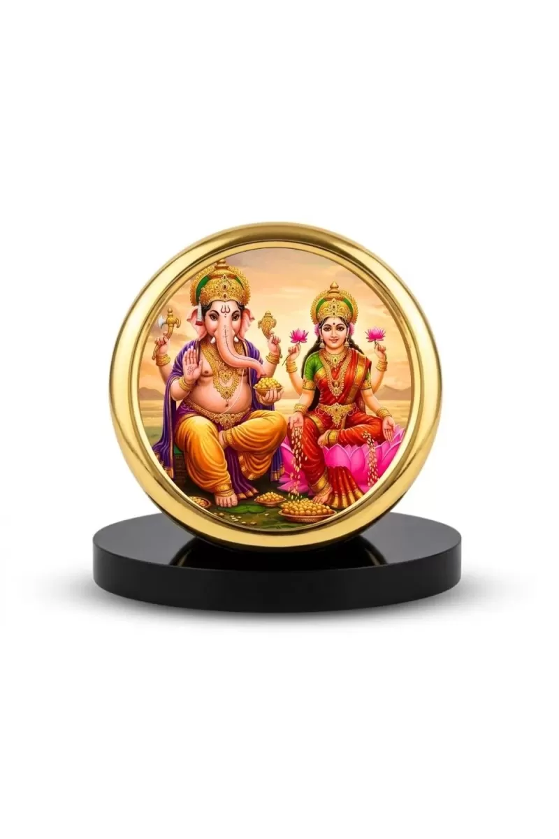 Car Desk/Table Top Lord Ganesha And Lakshmi Metal Golden Photo Stand  2x2 Inches, Compact & Stylish Spiritual Display For Car, Home & Office (Pack Of 1) (F18865)