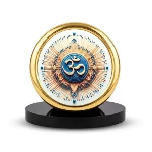 Car Desk/Table Top Om Symbol Metal Golden Photo Stand  2x2 Inches, Compact & Stylish Spiritual Display For Car, Home & Office (Pack Of 1) (F18868)