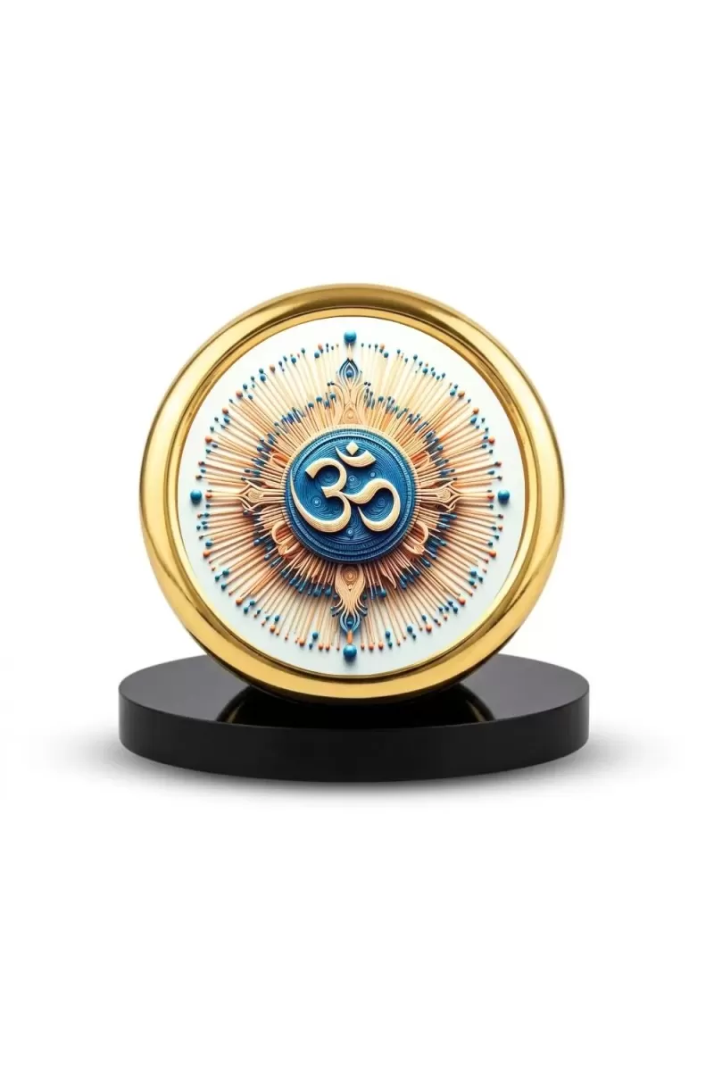 Car Desk/Table Top Om Symbol Metal Golden Photo Stand  2x2 Inches, Compact & Stylish Spiritual Display For Car, Home & Office (Pack Of 1) (F18868)