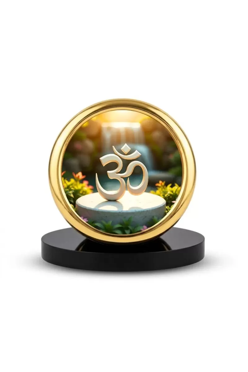 Car Desk/Table Top Om Symbol Metal Golden Photo Stand  2x2 Inches, Compact & Stylish Spiritual Display For Car, Home & Office (Pack Of 1) (F18869)