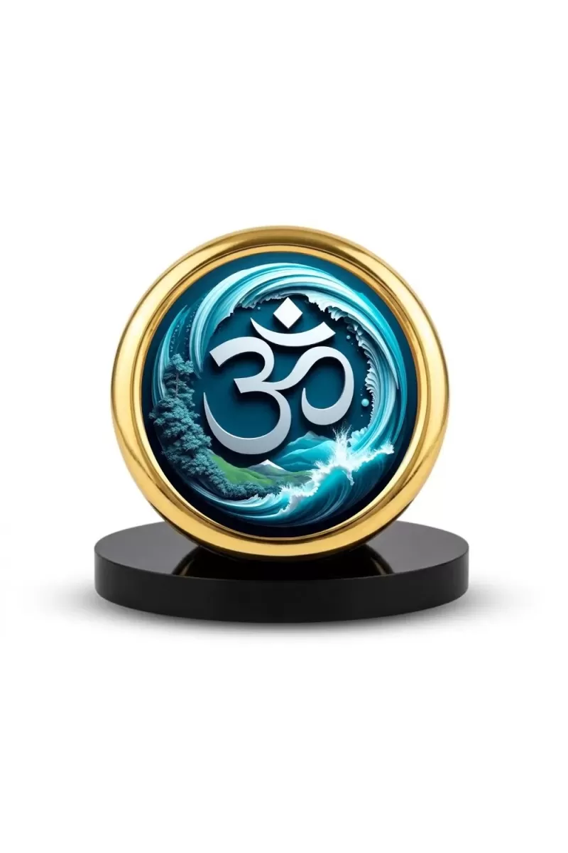 Car Desk/Table Top Om Symbol Metal Golden Photo Stand  2x2 Inches, Compact & Stylish Spiritual Display For Car, Home & Office (Pack Of 1) (F18870)