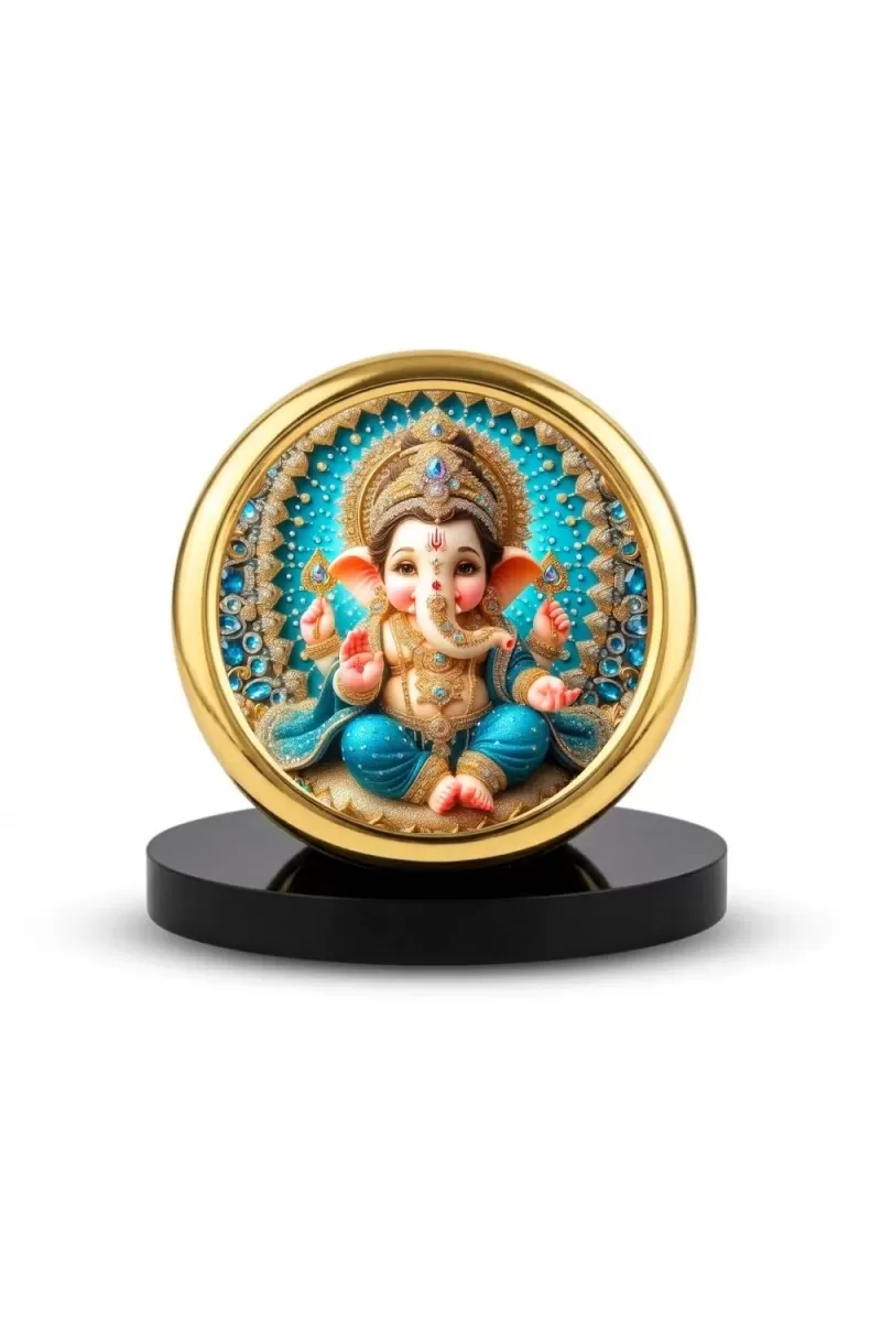 Car Desk/Table Top Lord Ganesha Metal Golden Photo Stand  2x2 Inches, Compact & Stylish Spiritual Display For Car, Home & Office (Pack Of 1) (F18872)