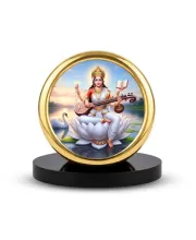 Car Desk/Table Top Goddess Saraswathi Metal Golden Photo Stand  2x2 Inches, Compact & Stylish Spiritual Display For Car, Home & Office (Pack Of 1) (F18875)