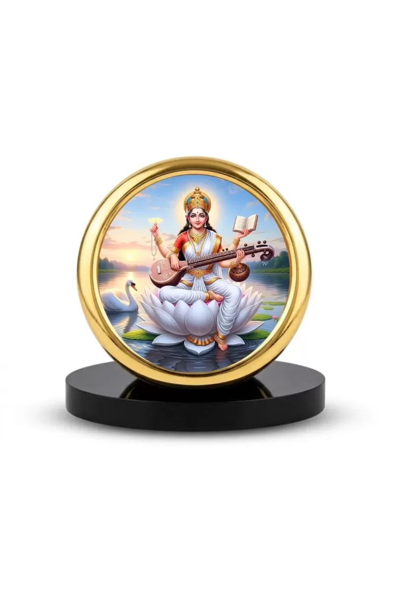 Car Desk/Table Top Goddess Saraswathi Metal Golden Photo Stand  2x2 Inches, Compact & Stylish Spiritual Display For Car, Home & Office (Pack Of 1) (F18875)