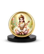Car Desk/Table Top Little Saraswathi Metal Golden Photo Stand  2x2 Inches, Compact & Stylish Spiritual Display For Car, Home & Office (Pack Of 1) (F18876)