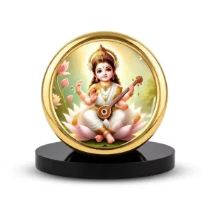 Car Desk/Table Top Little Saraswathi Metal Golden Photo Stand  2x2 Inches, Compact & Stylish Spiritual Display For Car, Home & Office (Pack Of 1) (F18876)