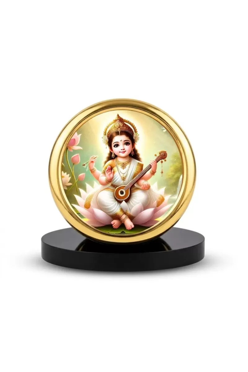 Car Desk/Table Top Little Saraswathi Metal Golden Photo Stand  2x2 Inches, Compact & Stylish Spiritual Display For Car, Home & Office (Pack Of 1) (F18876)