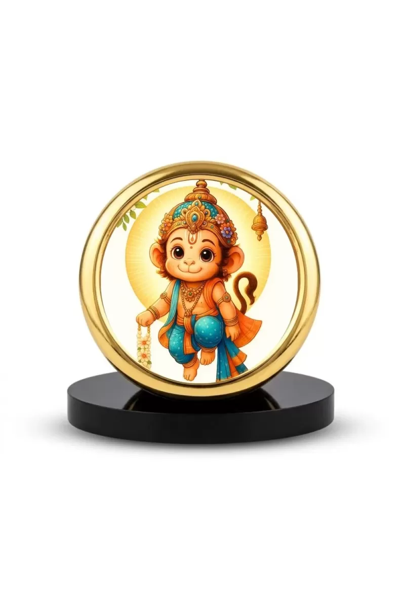 Car Desk/Table Top Lord Little Hanuman Metal Golden Photo Stand  2x2 Inches, Compact & Stylish Spiritual Display For Car, Home & Office (Pack Of 1) (F18877)