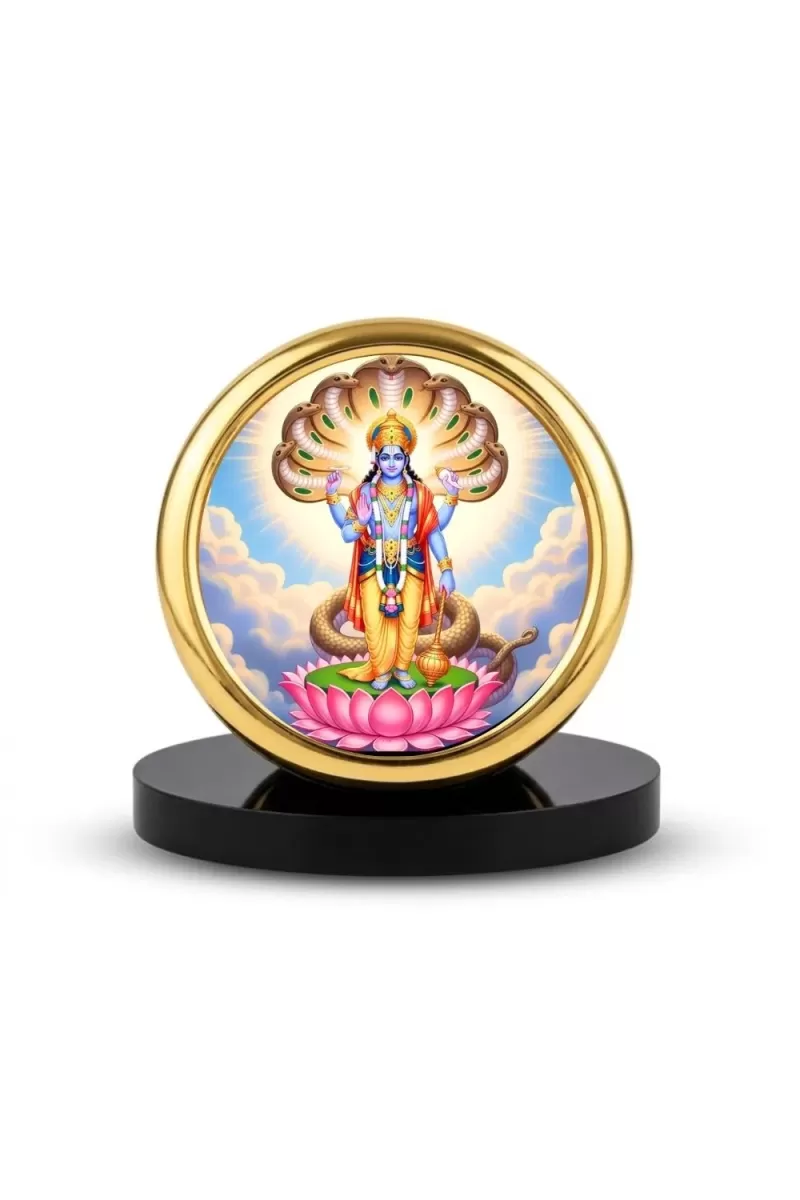 Car Desk/Table Top Lord Vishnu Metal Golden Photo Stand  2x2 Inches, Compact & Stylish Spiritual Display For Car, Home & Office (Pack Of 1) (F18878)
