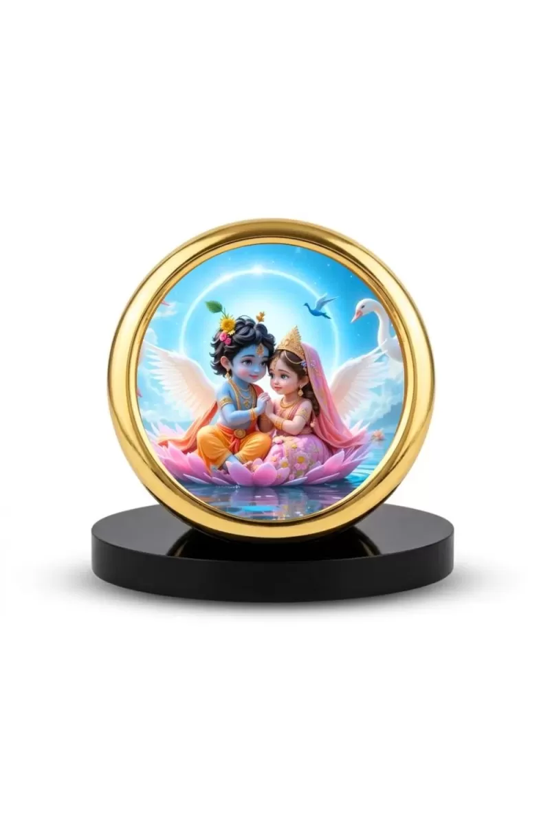 Car Desk/Table Top Radha Krishna Metal Golden Photo Stand  2x2 Inches, Compact & Stylish Spiritual Display For Car, Home & Office (Pack Of 1) (F18882)