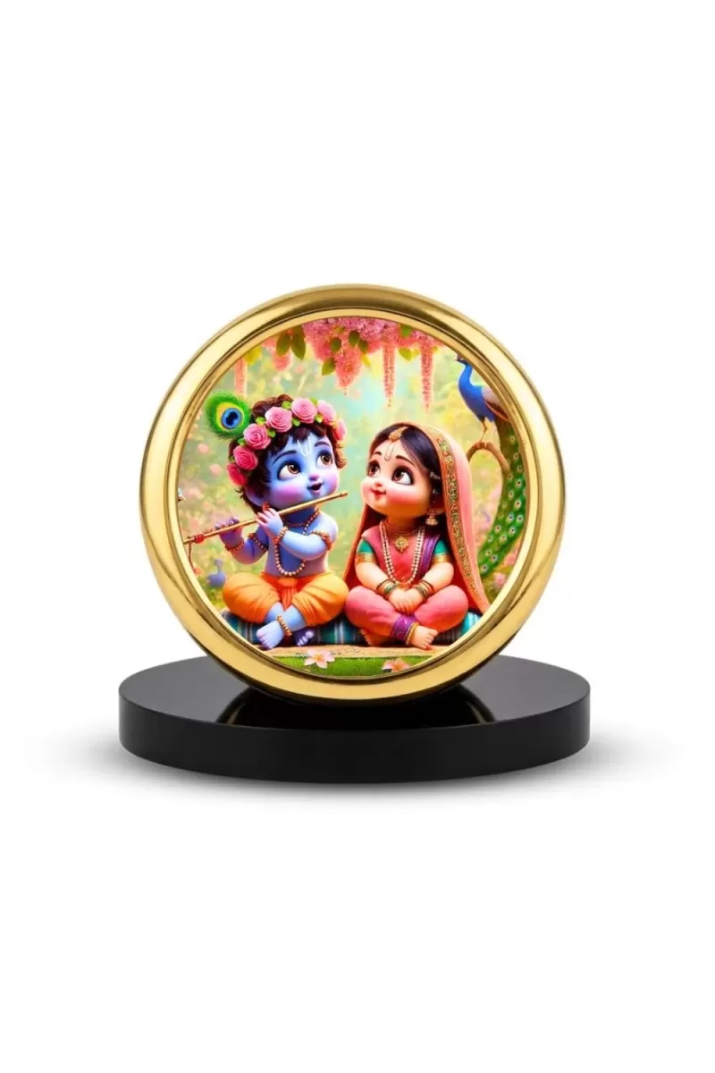 Car Desk/Table Top Radha Krishna Metal Golden Photo Stand  2x2 Inches, Compact & Stylish Spiritual Display For Car, Home & Office (Pack Of 1) (F18883)