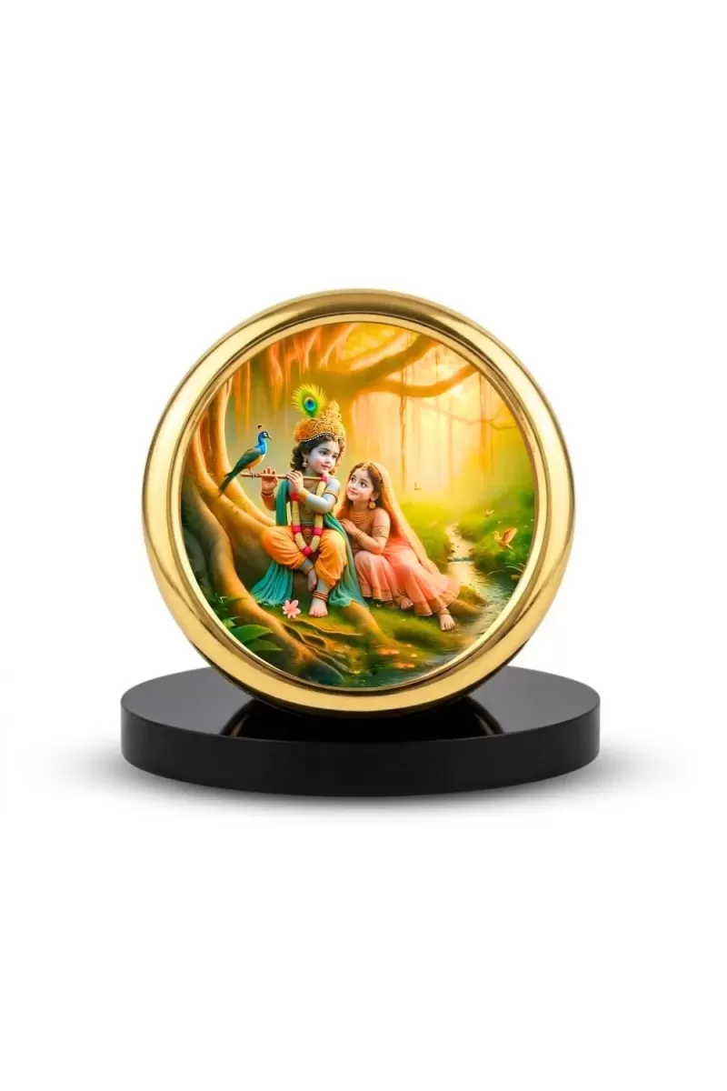 Car Desk/Table Top Radha Krishna Metal Golden Photo Stand  2x2 Inches, Compact & Stylish Spiritual Display For Car, Home & Office (Pack Of 1) (F18884)
