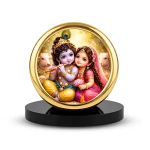 Car Desk/Table Top Radha Krishna Metal Golden Photo Stand  2x2 Inches, Compact & Stylish Spiritual Display For Car, Home & Office (Pack Of 1) (F18886)