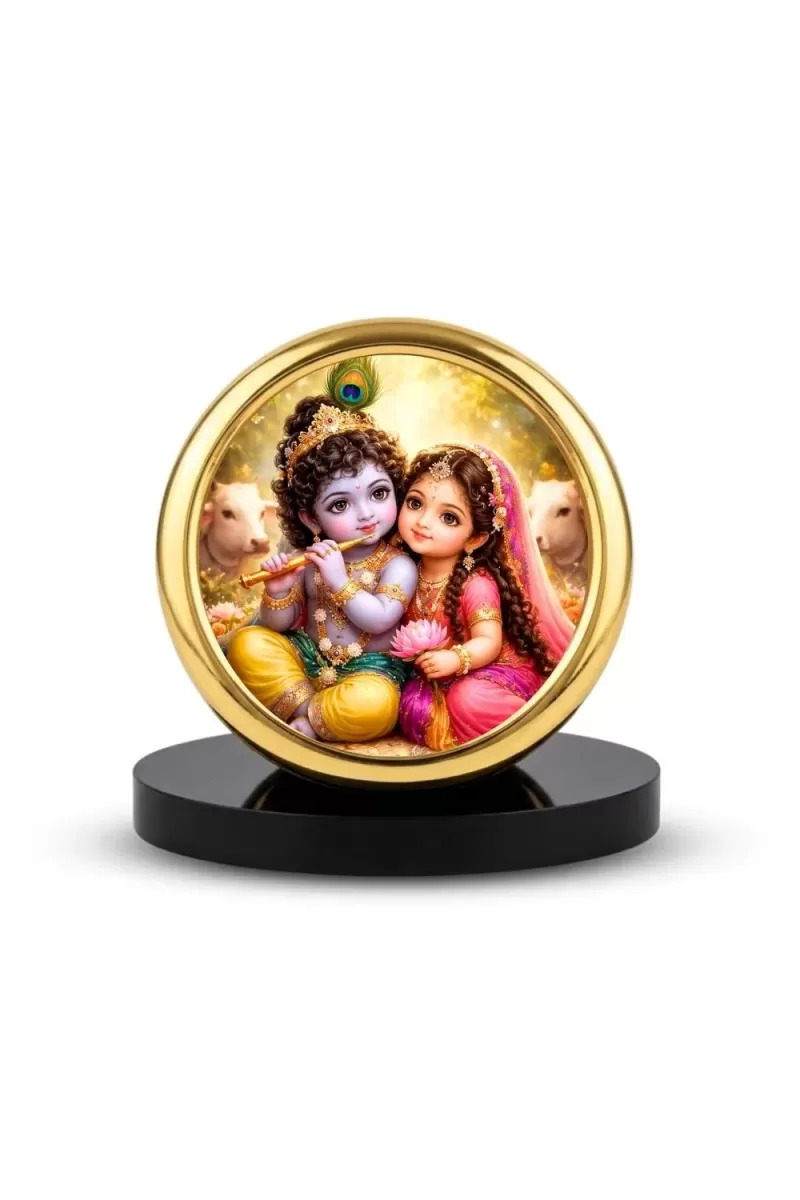 Car Desk/Table Top Radha Krishna Metal Golden Photo Stand  2x2 Inches, Compact & Stylish Spiritual Display For Car, Home & Office (Pack Of 1) (F18886)