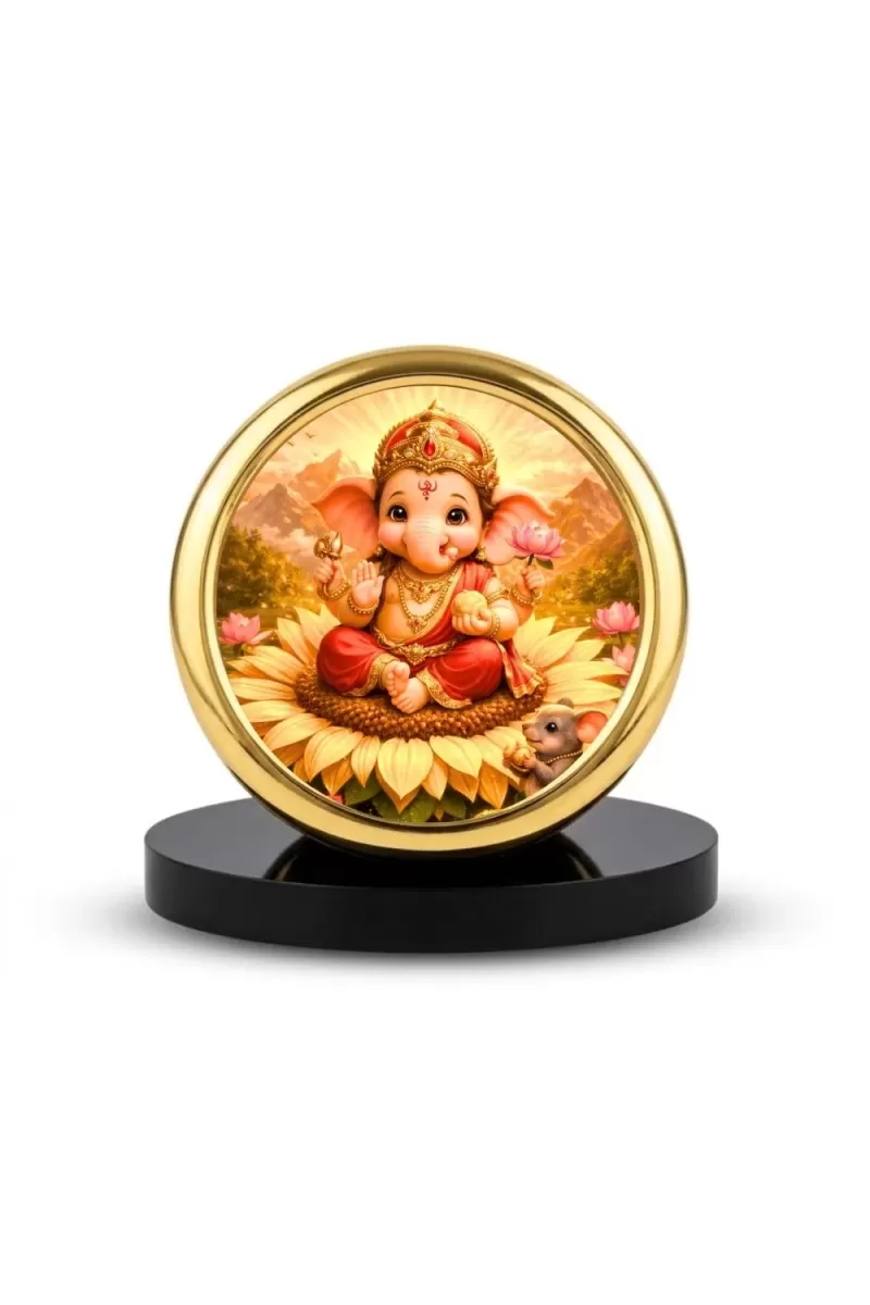 Car Desk/Table Top Lord Ganesha Metal Golden Photo Stand  2x2 Inches, Compact & Stylish Spiritual Display For Car, Home & Office (Pack Of 1) (F18887)
