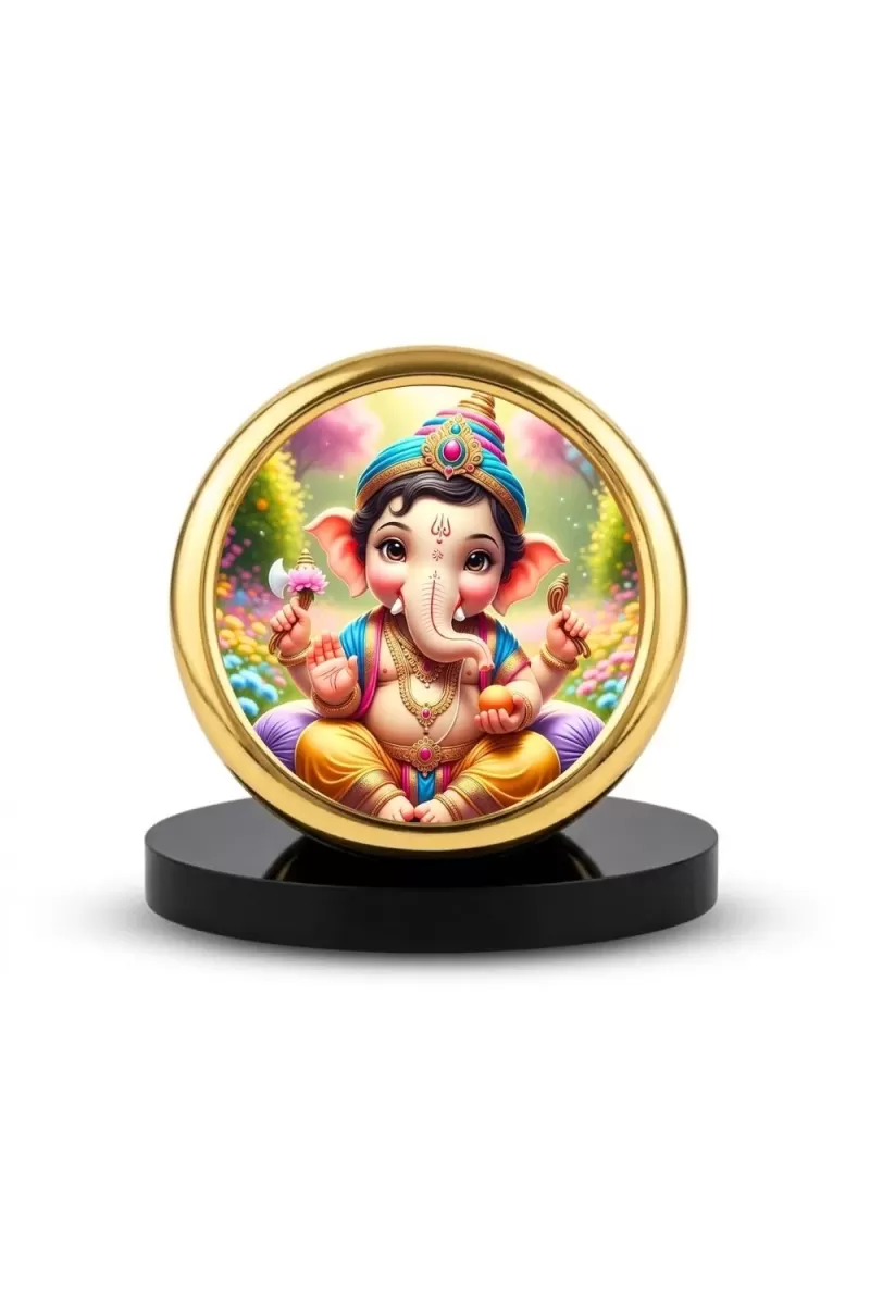 Car Desk/Table Top Lord Ganesha Metal Golden Photo Stand  2x2 Inches, Compact & Stylish Spiritual Display For Car, Home & Office (Pack Of 1) (F18888)